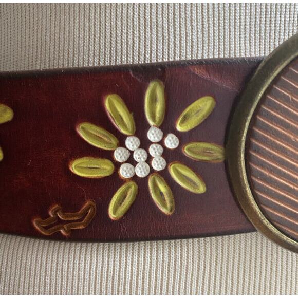 El Cid Embossed Leather Belt Vintage Tooled Brass Belt Buckle Western Rodeo Boho main image 6